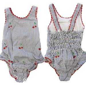 Bella Bliss Blue White Seersucker Romper Bodysuit Cherry Print Ruched Scallop 9M